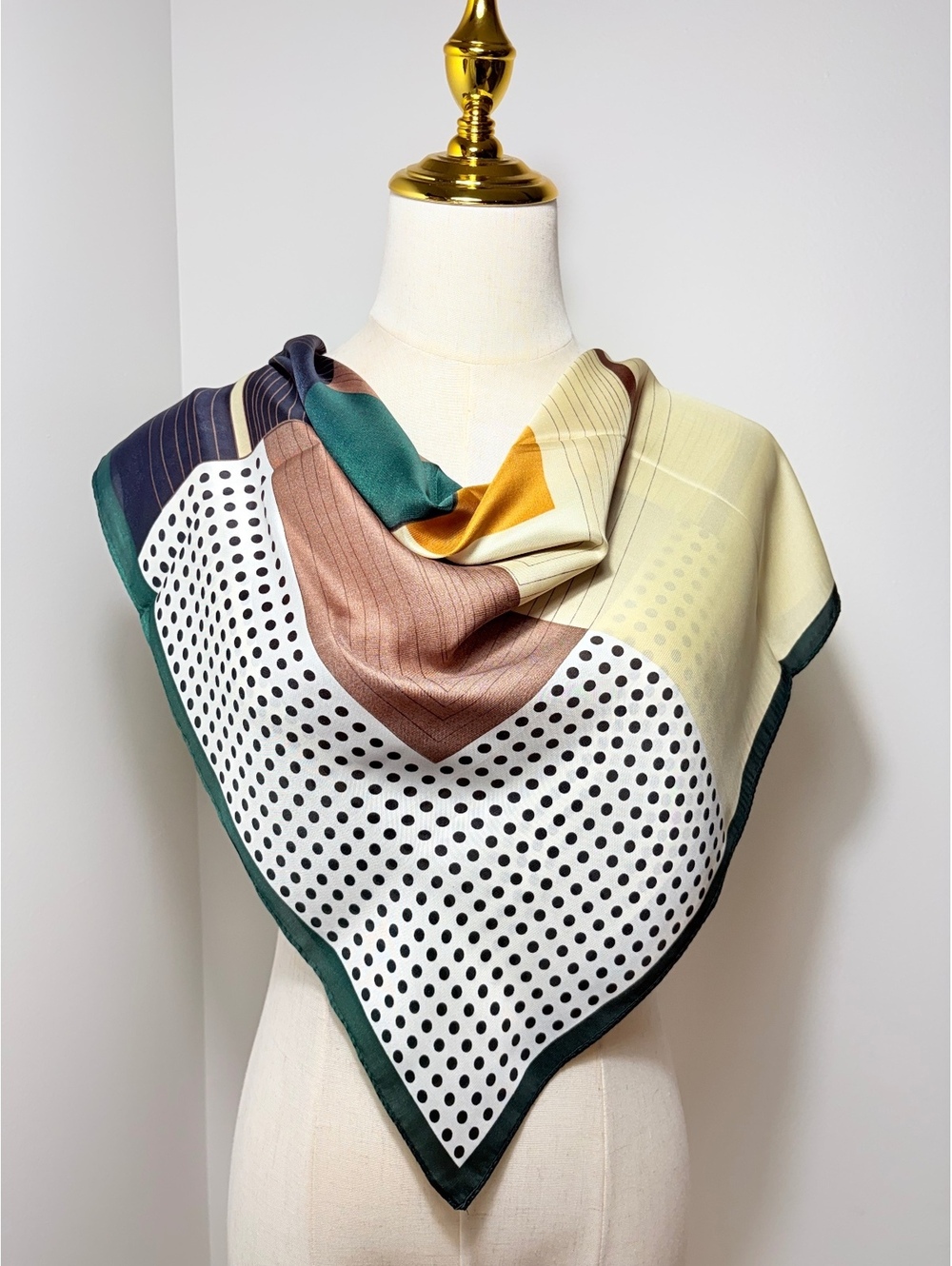 Elegant Women's Square Scarf with Geometric and Polka Dot Pattern in Cream